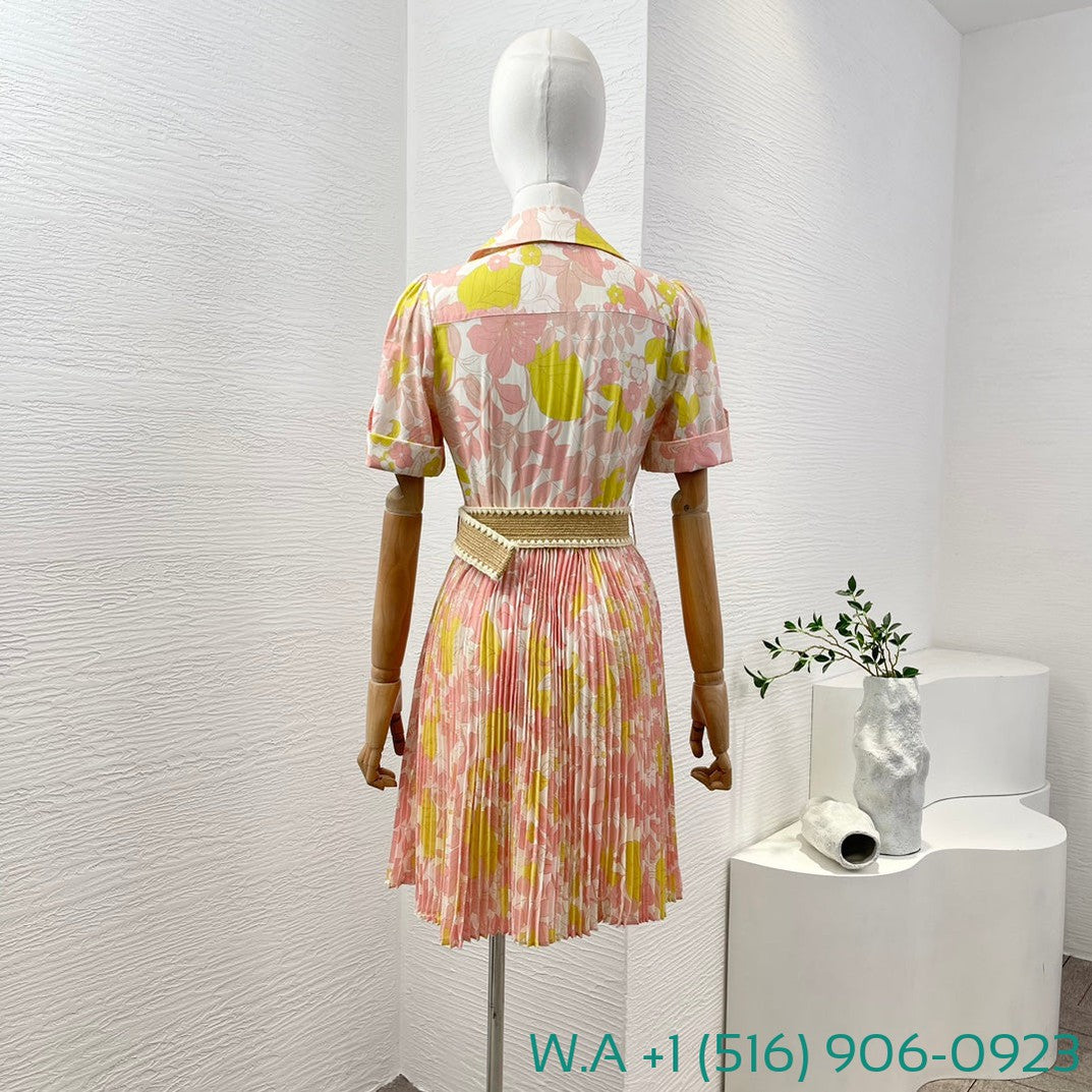 Zimmermann Pink Yellow Floral Print Short Sleeve Ruched Mini Dress