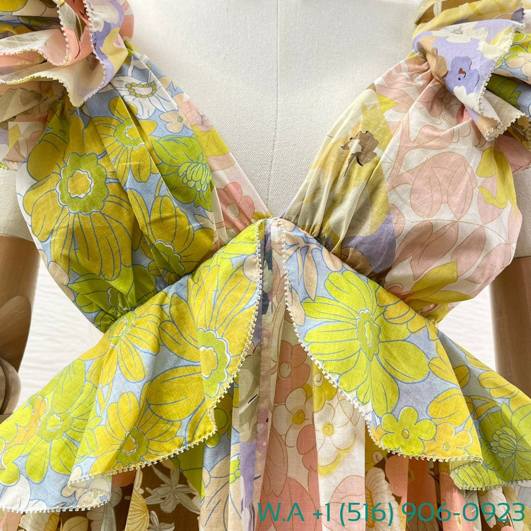 Zimmermann Multicolor Floral Print Sleeveless Ruffles Backless Deep V-Neck Midi Dress