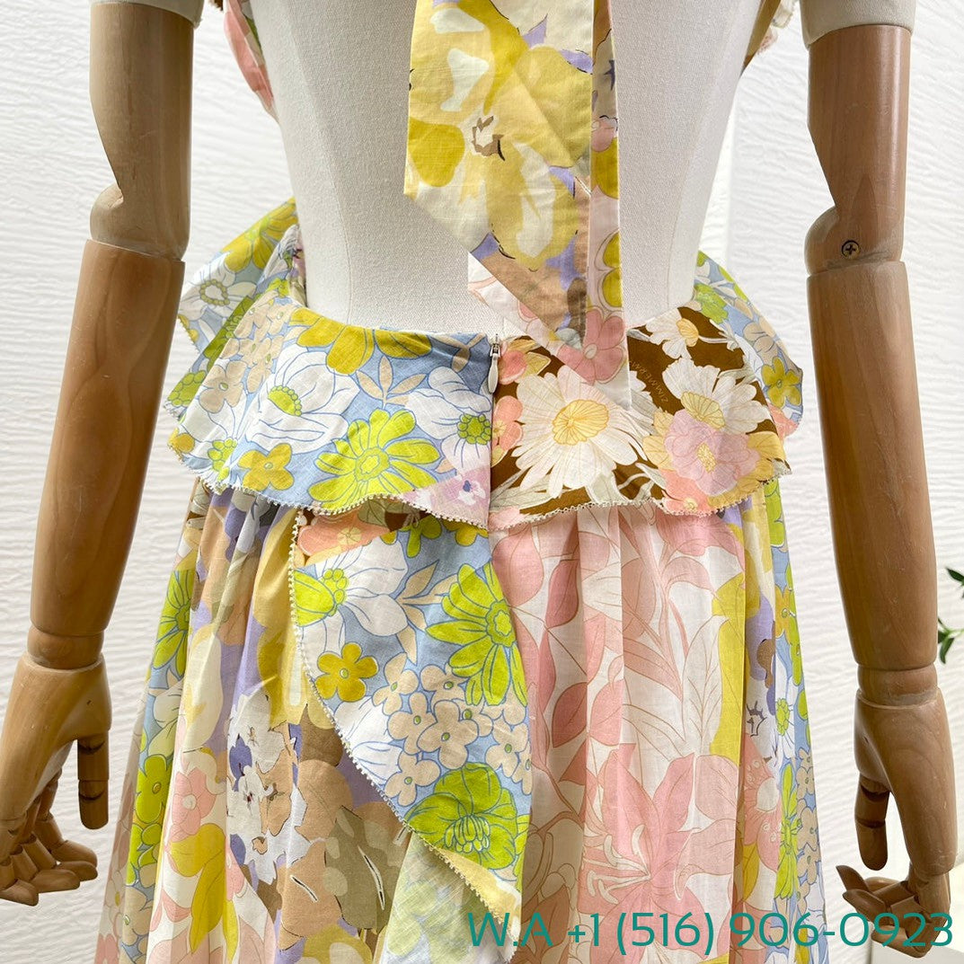 Zimmermann Multicolor Floral Print Sleeveless Ruffles Backless Deep V-Neck Midi Dress
