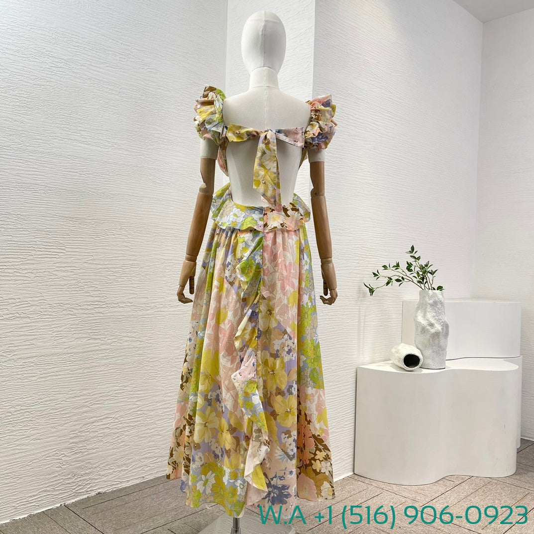 Zimmermann Multicolor Floral Print Sleeveless Ruffles Backless Deep V-Neck Midi Dress
