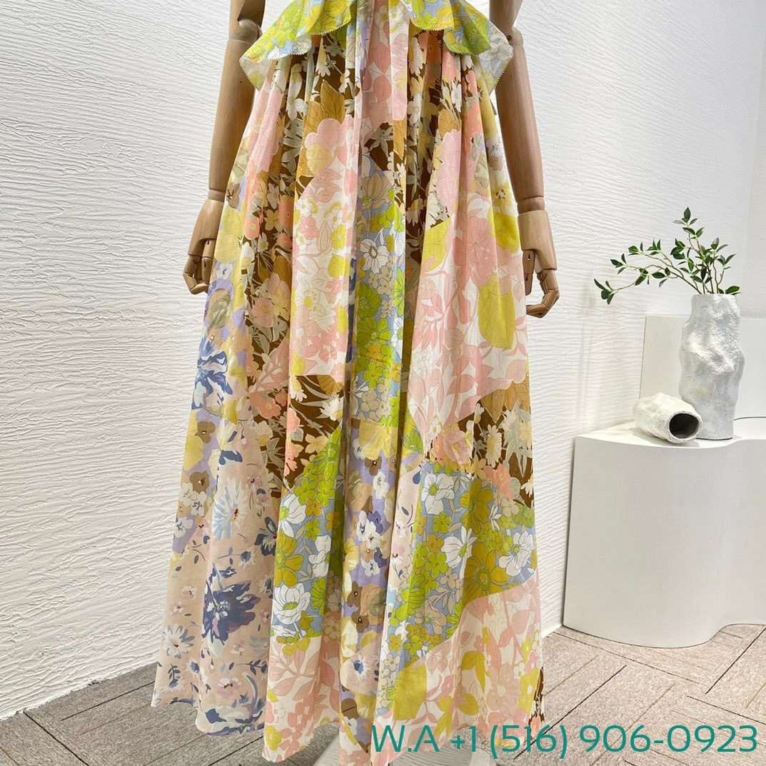 Zimmermann Multicolor Floral Print Sleeveless Ruffles Backless Deep V-Neck Midi Dress