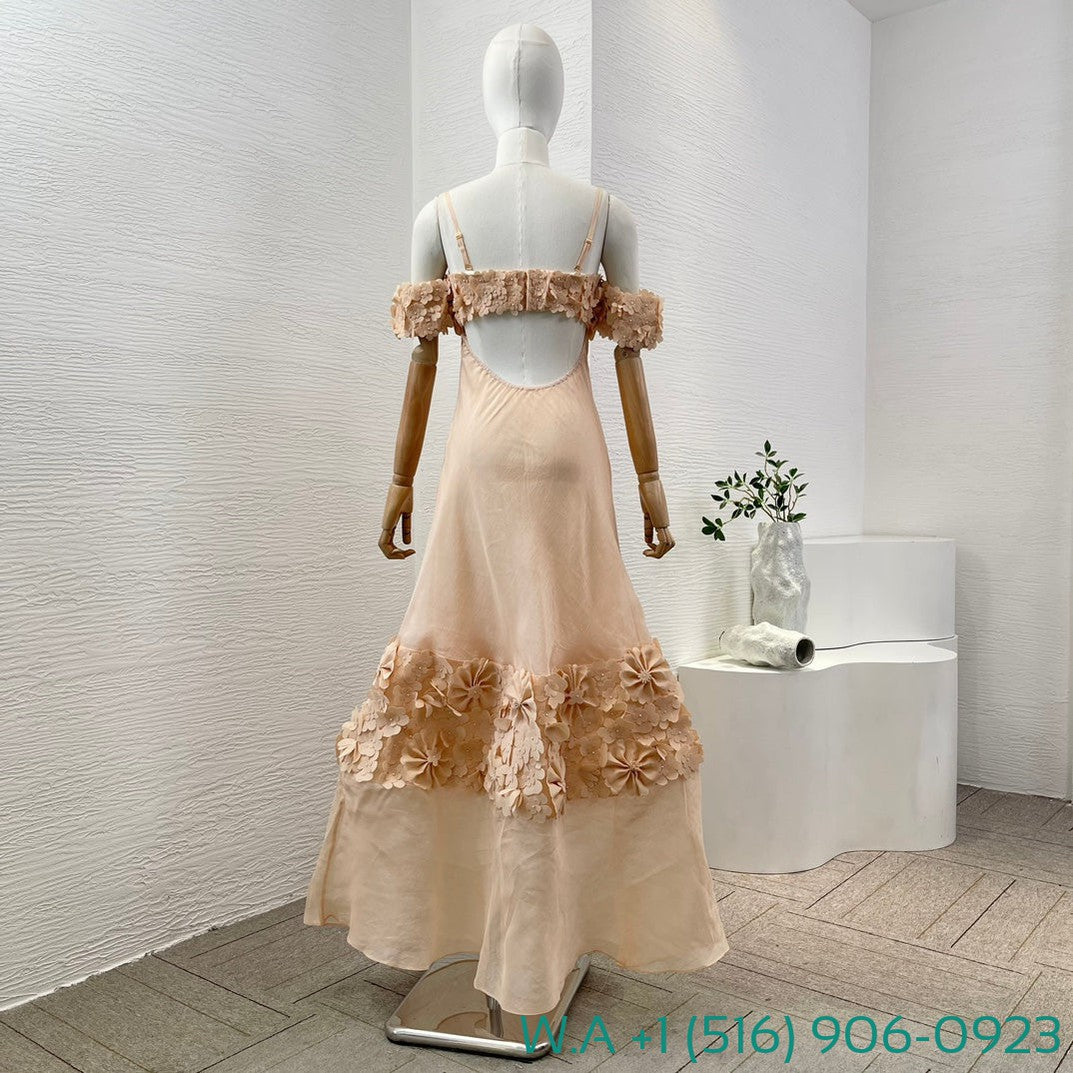 Zimmermann Nude Short Sleeve Flowers Appliqued Off-The-Shoulder Tube Maxi Dress
