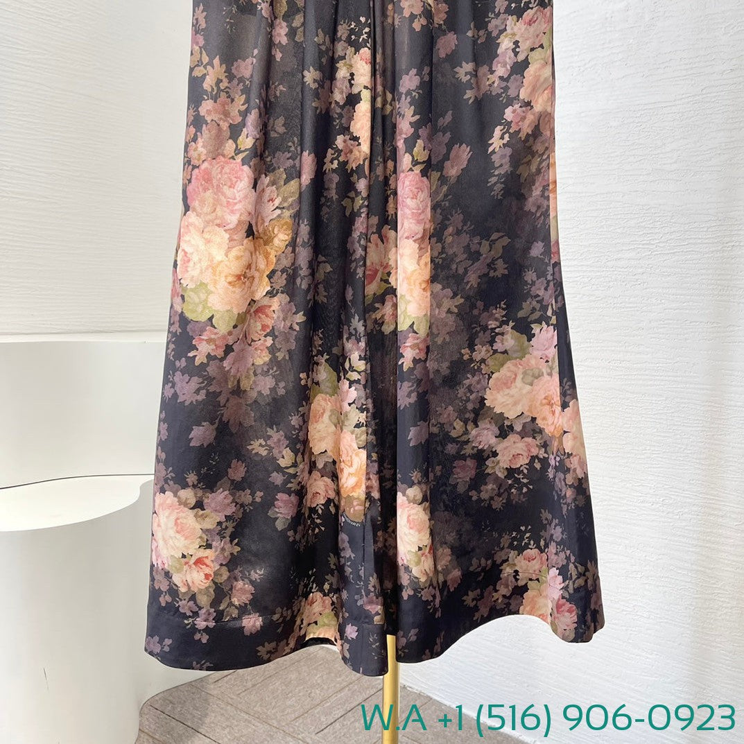 Zimmermann Black Floral Print Long Sleeve Blouse Tops And Bell Pants Set