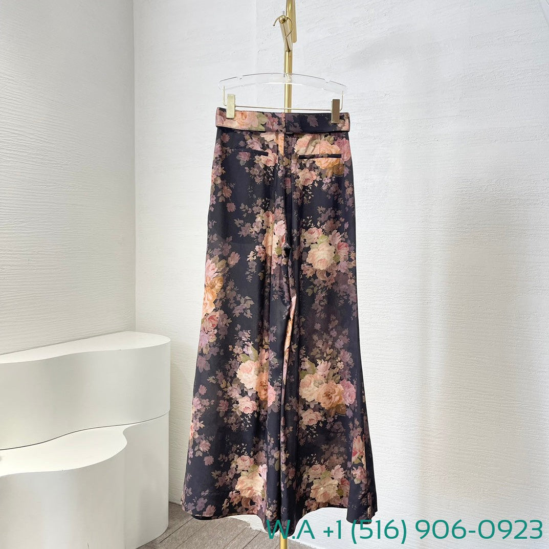 Zimmermann Black Floral Print Long Sleeve Blouse Tops And Bell Pants Set