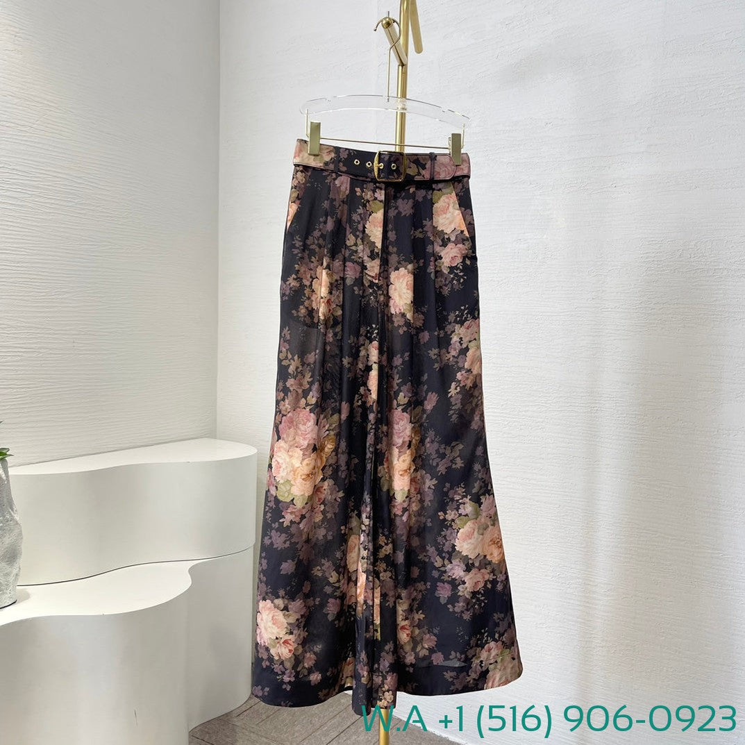 Zimmermann Black Floral Print Long Sleeve Blouse Tops And Bell Pants Set