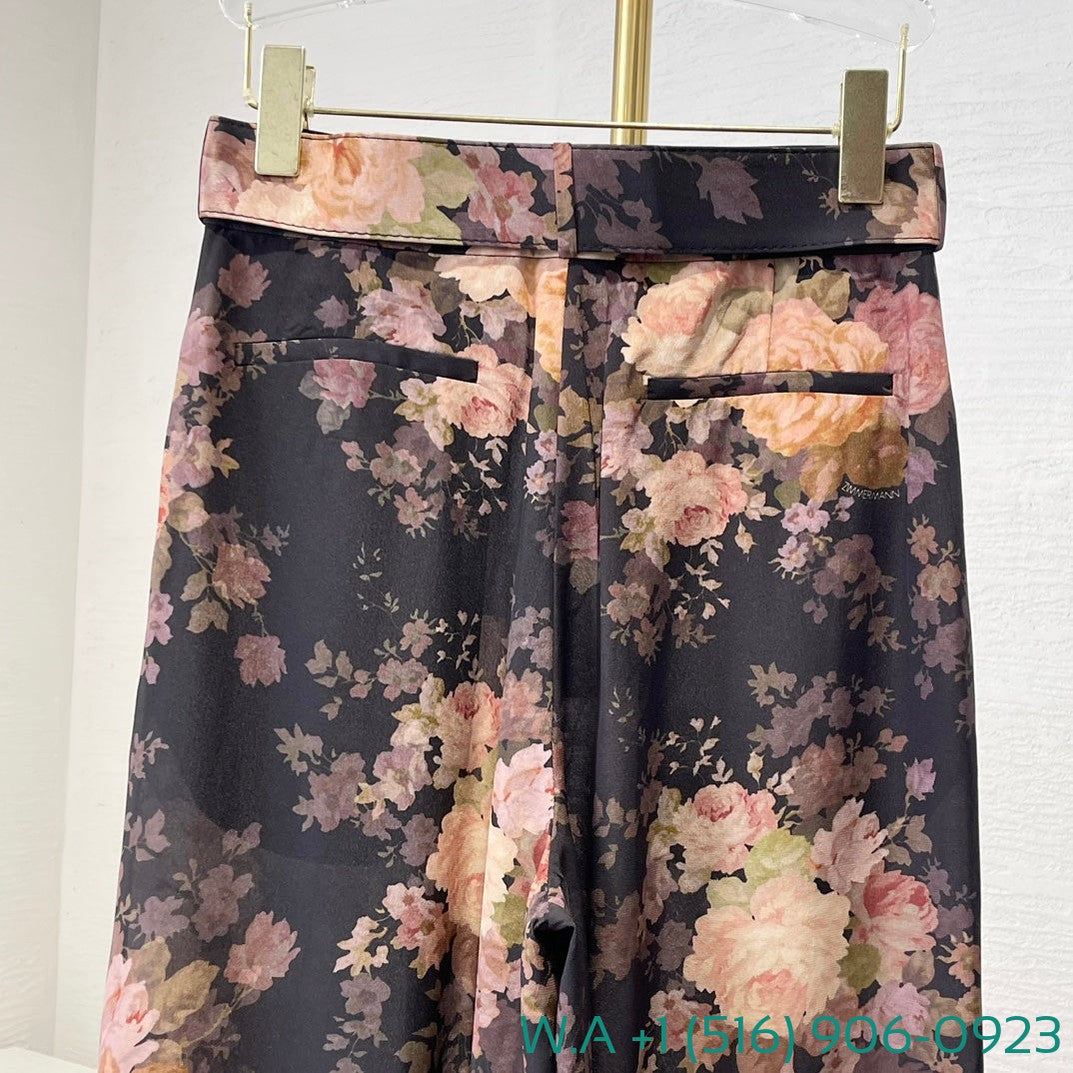 Zimmermann Black Floral Print Long Sleeve Blouse Tops And Bell Pants Set
