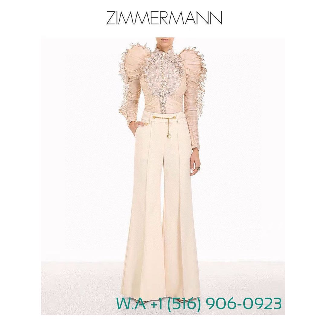 Zimmermann New Lace Patchwork Puff Sleeve Beige Navy Blue Blouse Tops