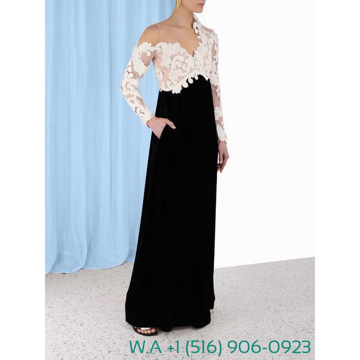 Zimmermann Lace Patchwork One Shoulder Long Sleeve Black Velvet Maxi Dress