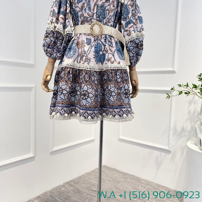 Zimmermann Botanic Print Half Lantern Sleeve Self Bow Tie At Neck Mini Dress