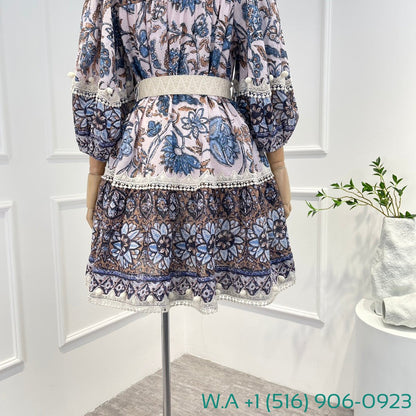 Zimmermann Botanic Print Half Lantern Sleeve Self Bow Tie At Neck Mini Dress