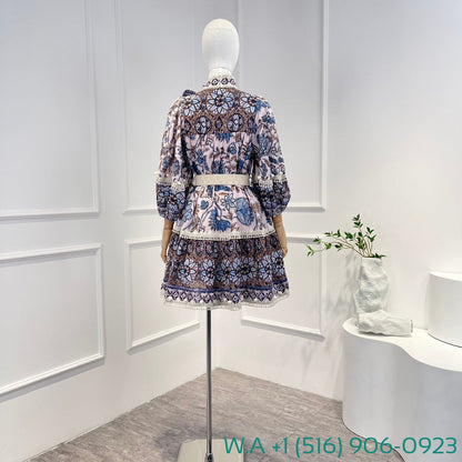 Zimmermann Botanic Print Half Lantern Sleeve Self Bow Tie At Neck Mini Dress