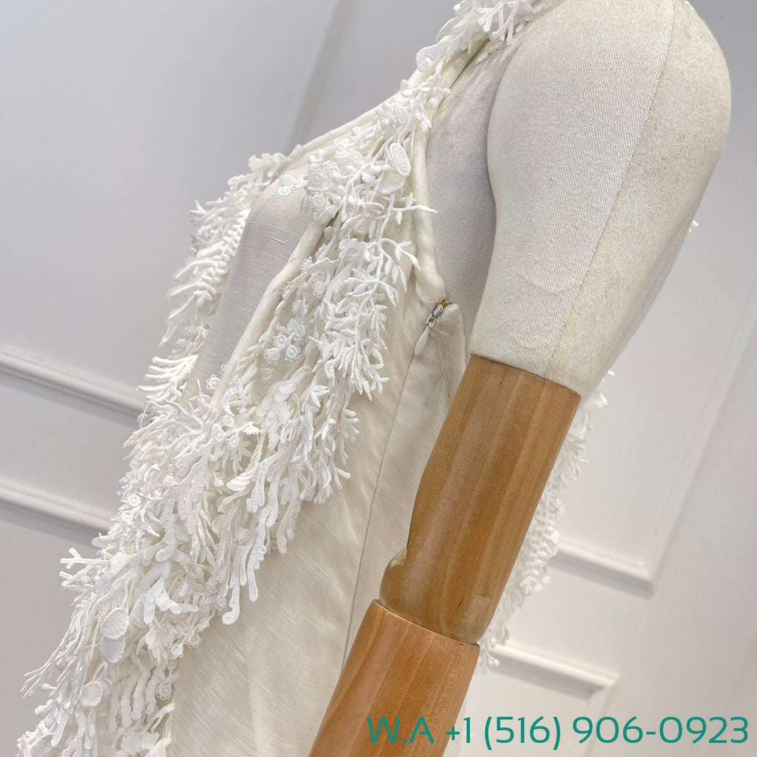 Zimmermann White Sleeveless Handwork Tassels Sequined Backless Irregular Halter Mini Dress