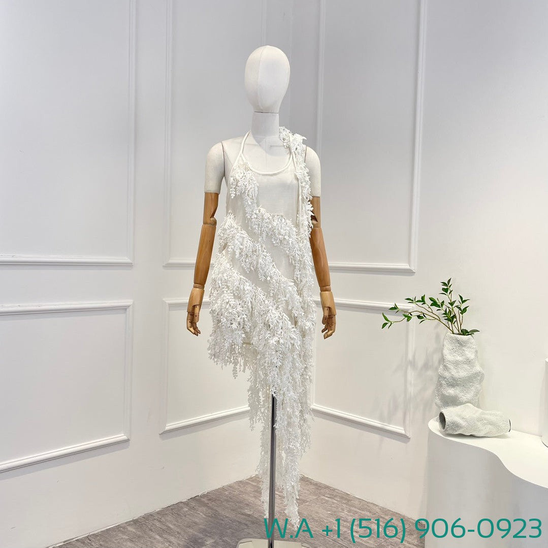 Zimmermann White Sleeveless Handwork Tassels Sequined Backless Irregular Halter Mini Dress