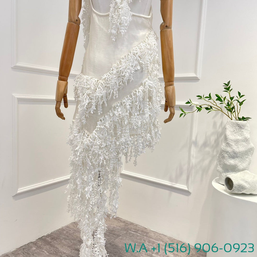 Zimmermann White Sleeveless Handwork Tassels Sequined Backless Irregular Halter Mini Dress