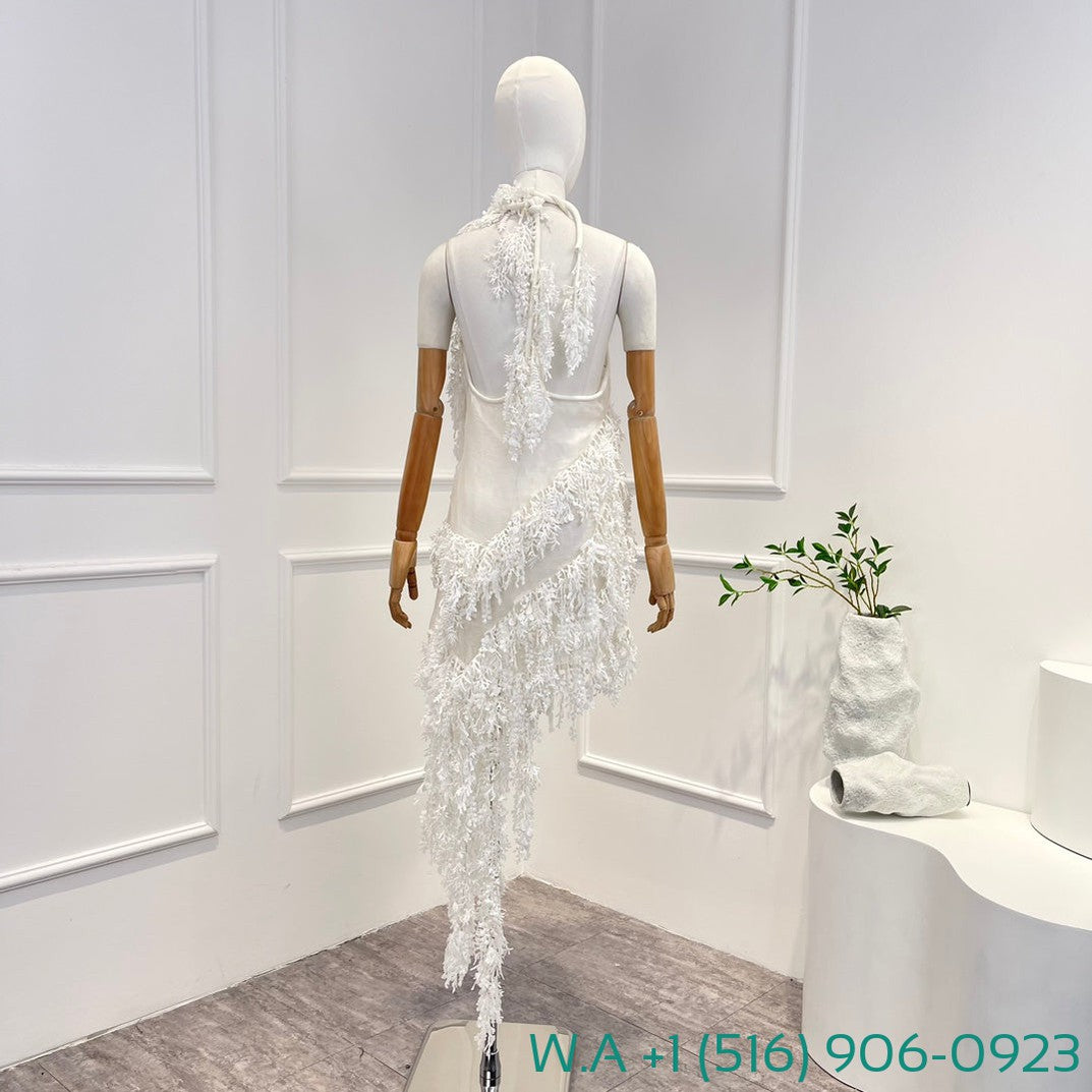 Zimmermann White Sleeveless Handwork Tassels Sequined Backless Irregular Halter Mini Dress