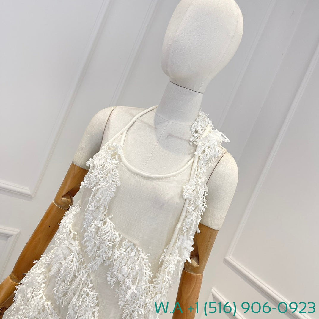 Zimmermann White Sleeveless Handwork Tassels Sequined Backless Irregular Halter Mini Dress