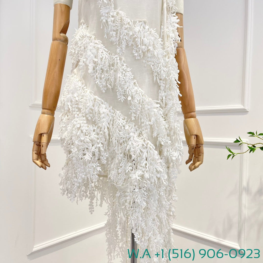 Zimmermann White Sleeveless Handwork Tassels Sequined Backless Irregular Halter Mini Dress