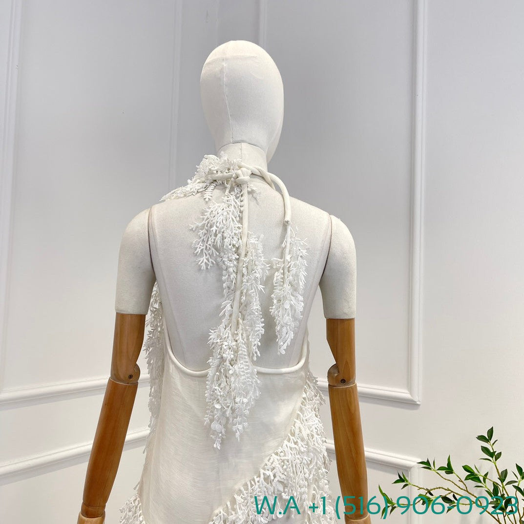 Zimmermann White Sleeveless Handwork Tassels Sequined Backless Irregular Halter Mini Dress