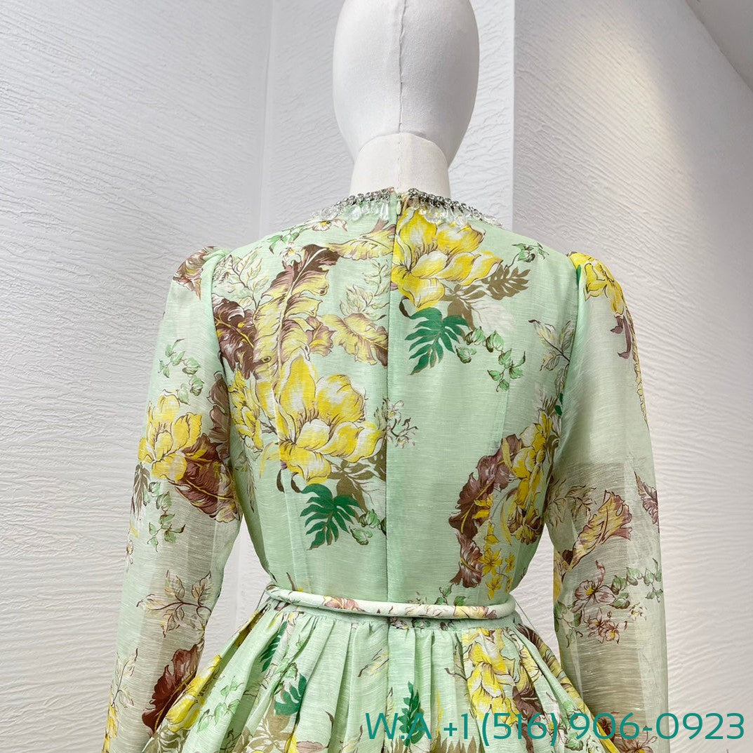 Zimmermann Floral Print Long Sleeve Mini Light Green Dress