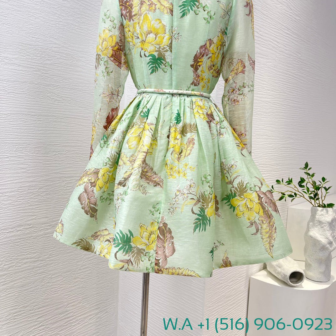 Zimmermann Floral Print Long Sleeve Mini Light Green Dress