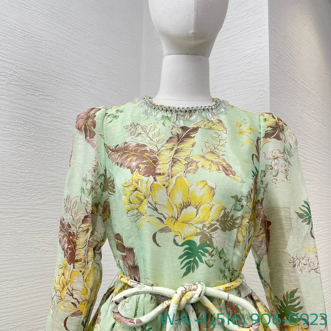 Zimmermann Floral Print Long Sleeve Mini Light Green Dress