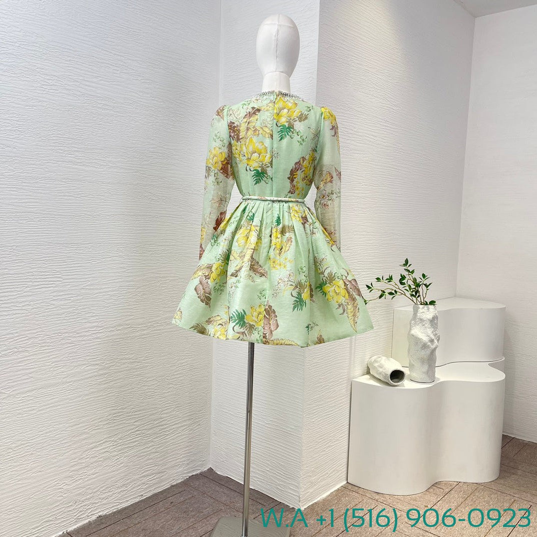 Zimmermann Floral Print Long Sleeve Mini Light Green Dress