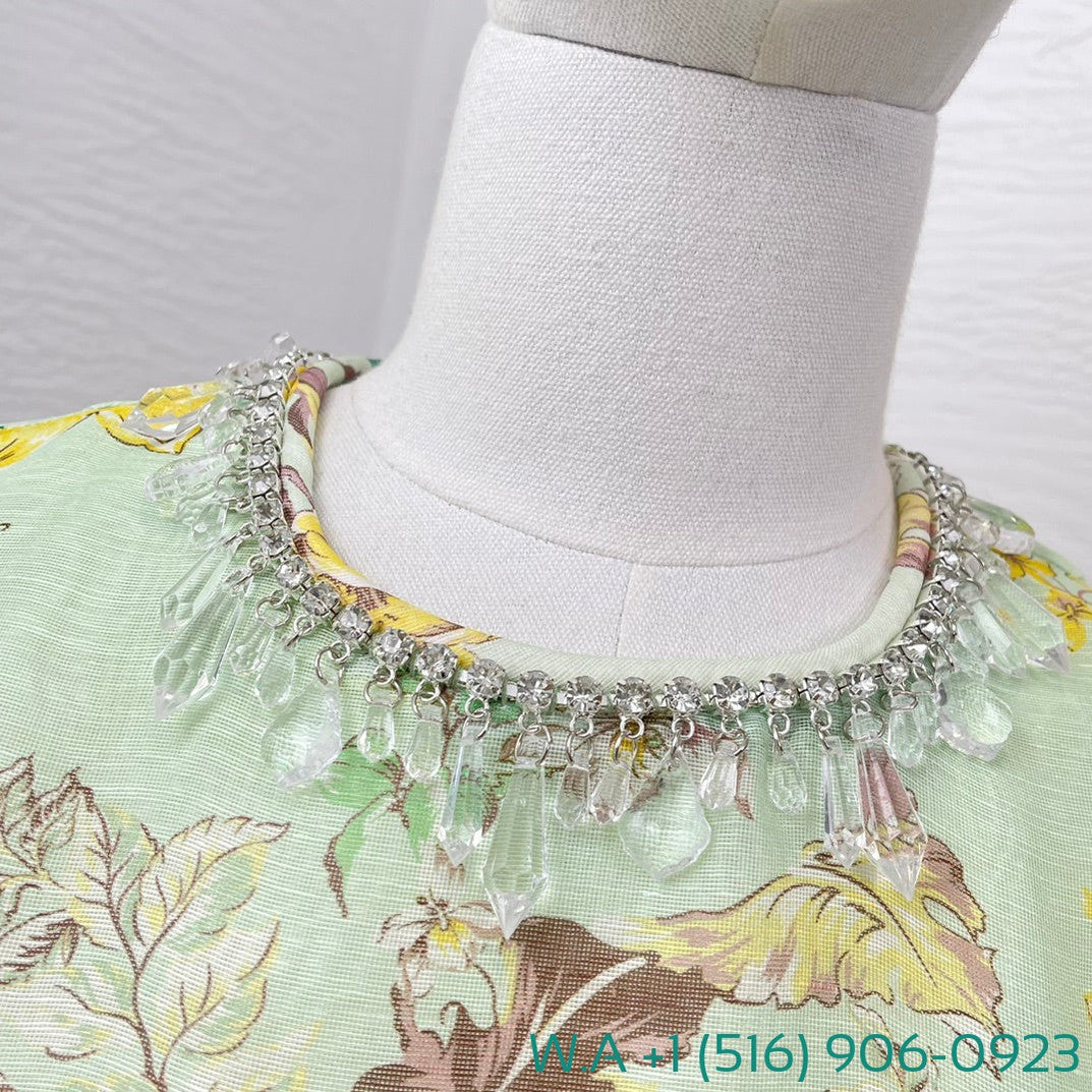 Zimmermann Floral Print Long Sleeve Mini Light Green Dress