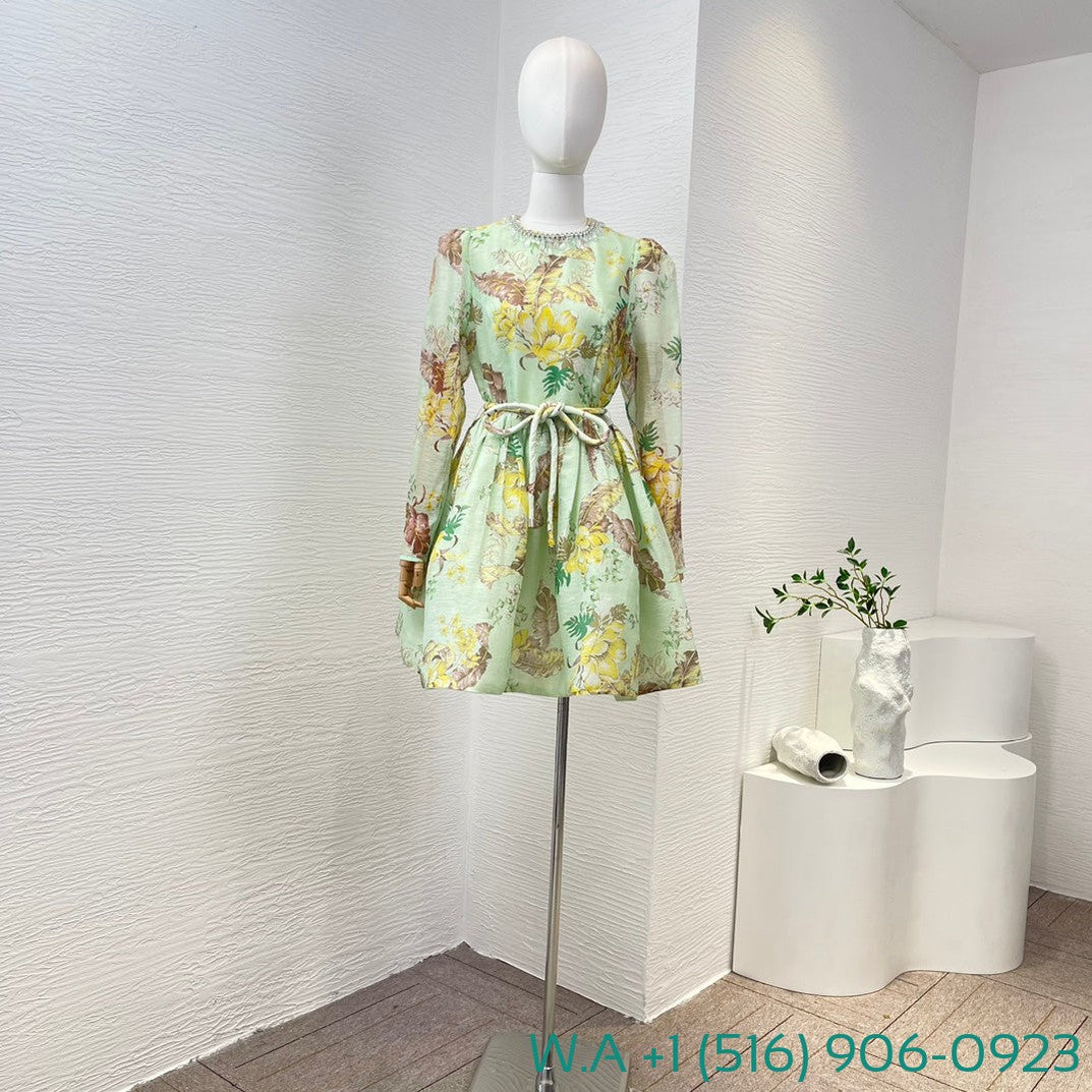 Zimmermann Floral Print Long Sleeve Mini Light Green Dress