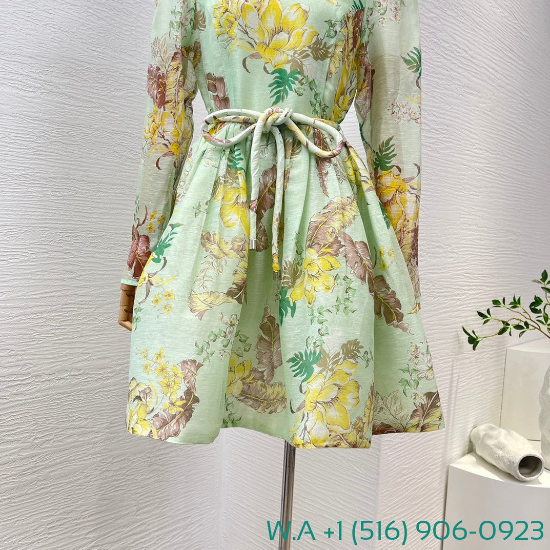 Zimmermann Floral Print Long Sleeve Mini Light Green Dress