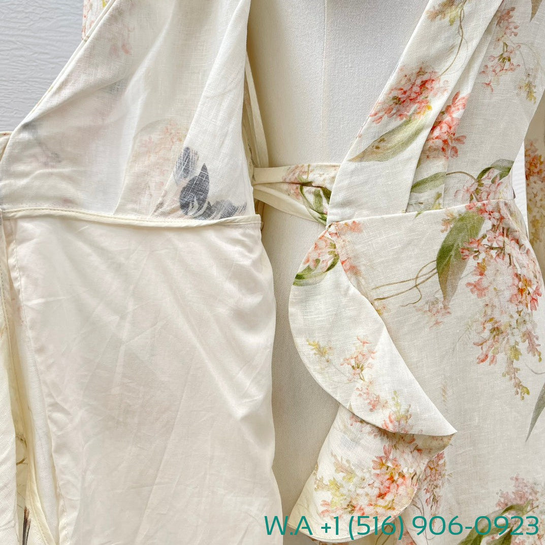 Zimmermann Beige Flower Birds Print Long Sleeve Irregular Ruffle Midi Wrap Dress