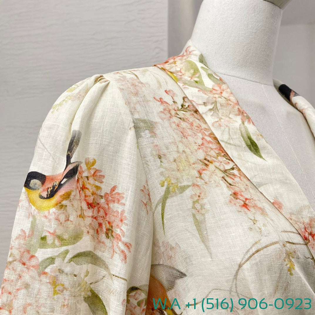 Zimmermann Beige Flower Birds Print Long Sleeve Irregular Ruffle Midi Wrap Dress