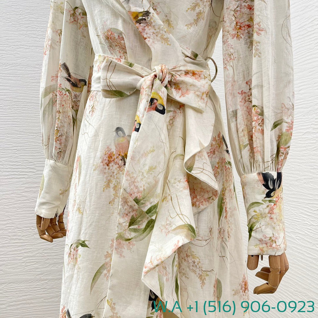 Zimmermann Beige Flower Birds Print Long Sleeve Irregular Ruffle Midi Wrap Dress