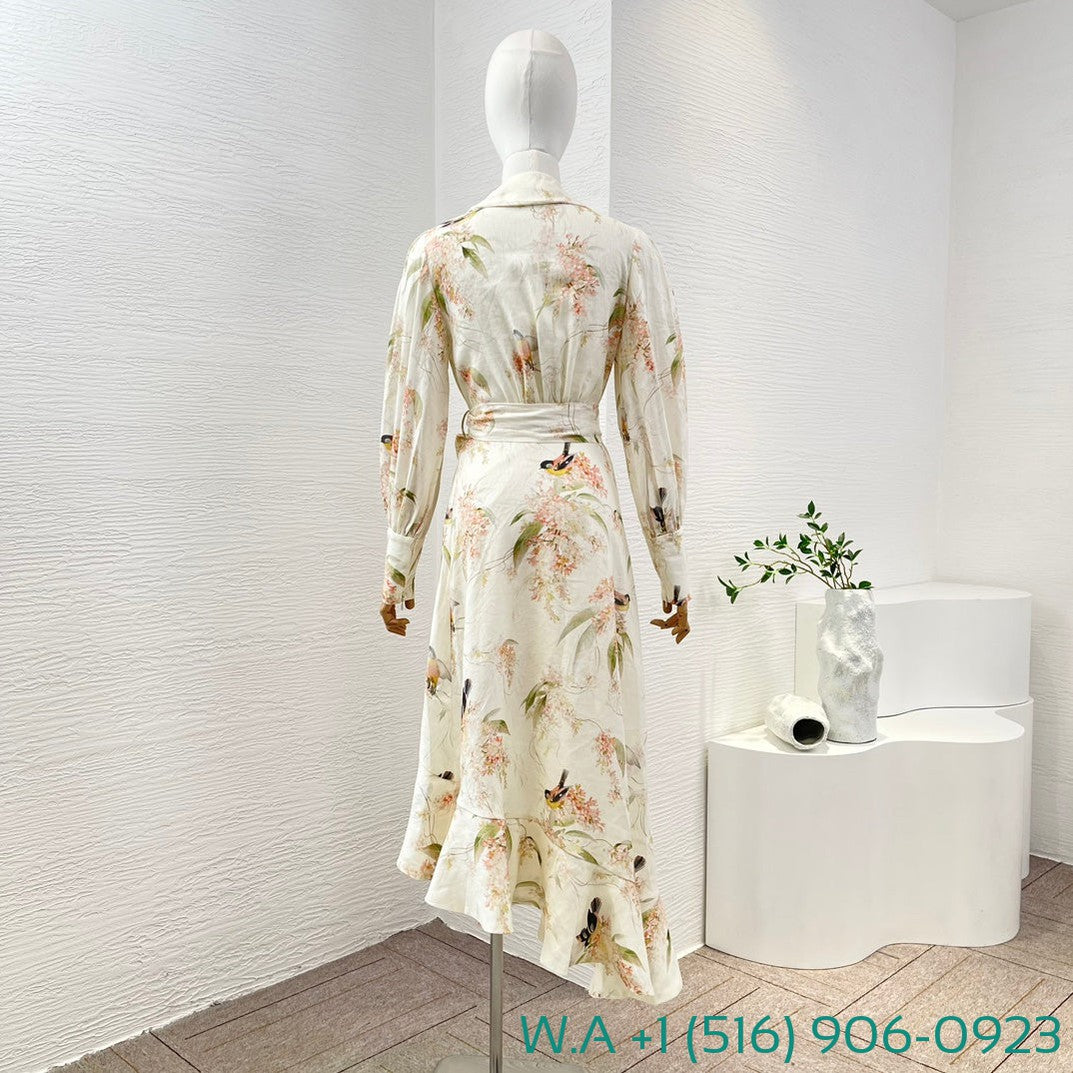 Zimmermann Beige Flower Birds Print Long Sleeve Irregular Ruffle Midi Wrap Dress