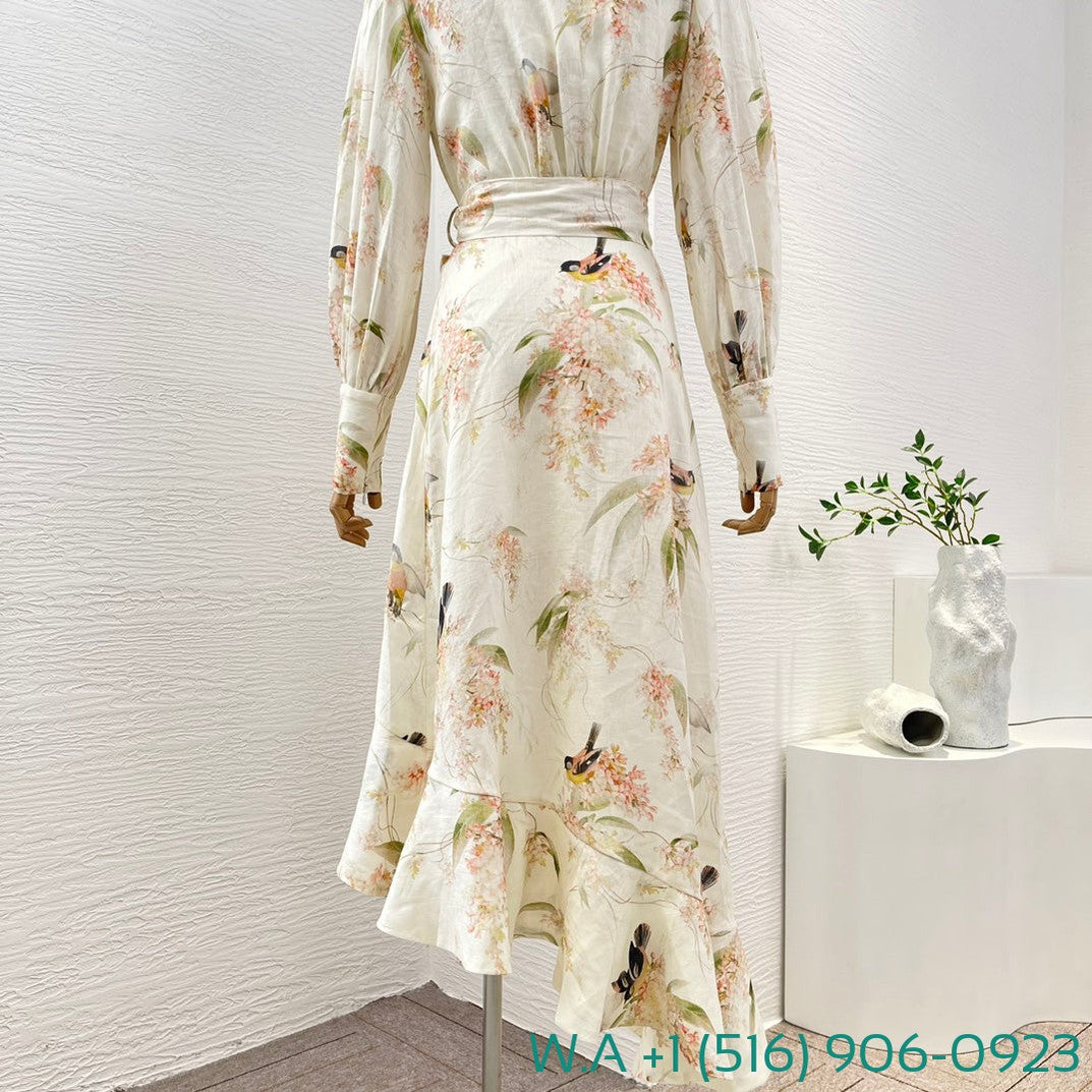 Zimmermann Beige Flower Birds Print Long Sleeve Irregular Ruffle Midi Wrap Dress