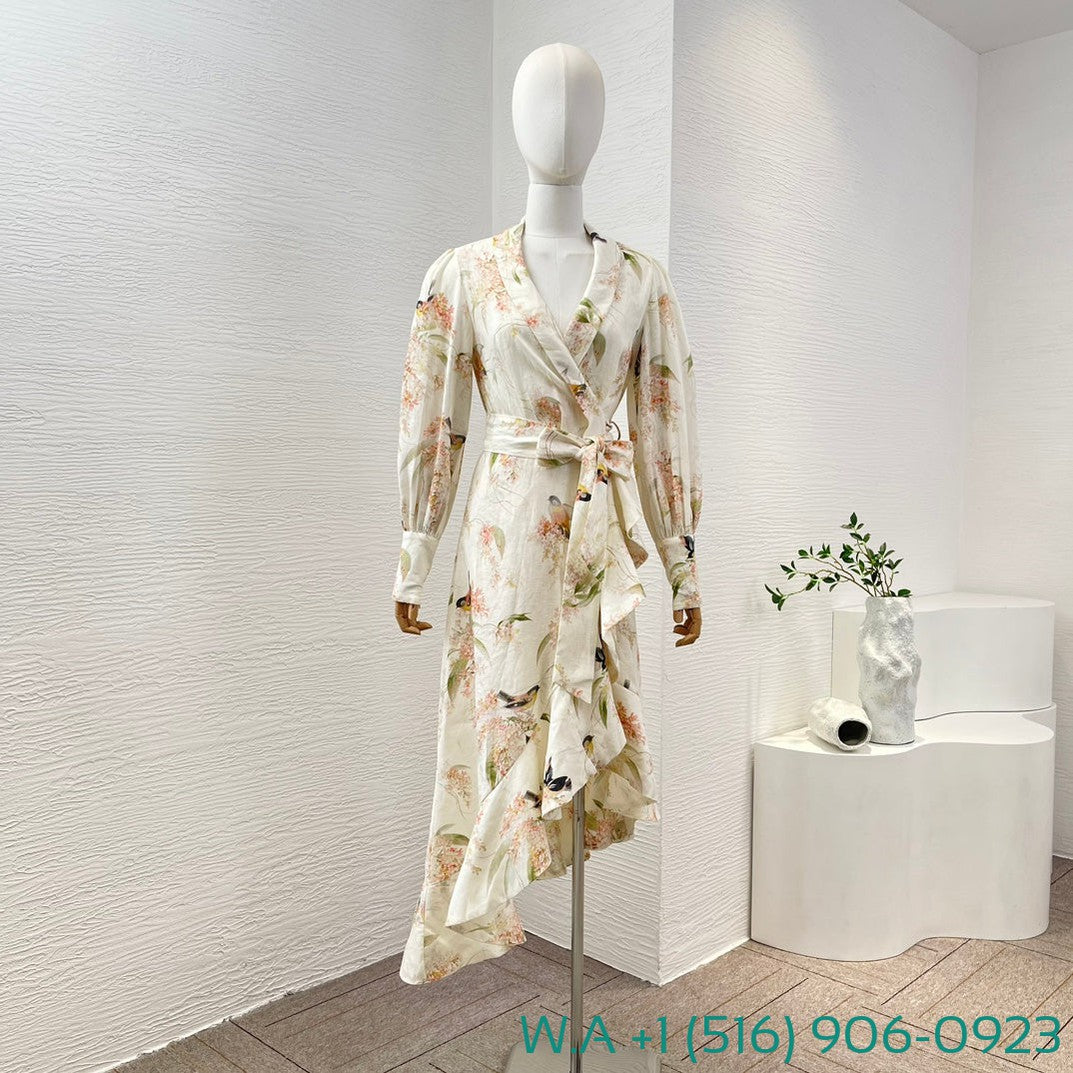 Zimmermann Beige Flower Birds Print Long Sleeve Irregular Ruffle Midi Wrap Dress