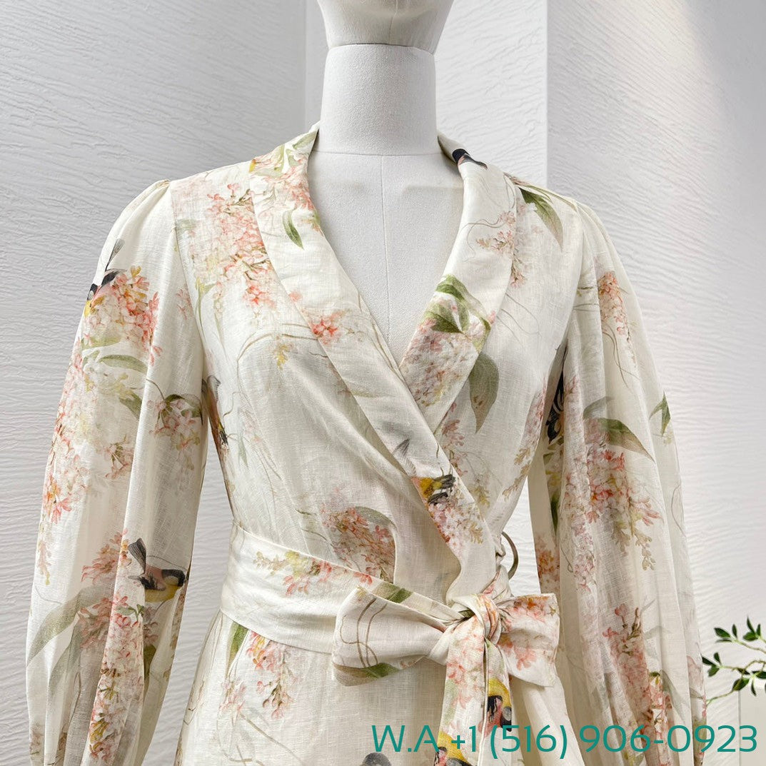 Zimmermann Beige Flower Birds Print Long Sleeve Irregular Ruffle Midi Wrap Dress