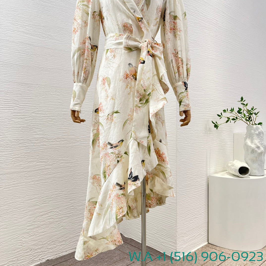 Zimmermann Beige Flower Birds Print Long Sleeve Irregular Ruffle Midi Wrap Dress