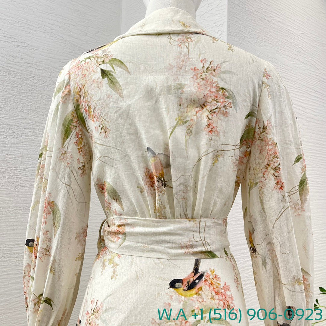 Zimmermann Beige Flower Birds Print Long Sleeve Irregular Ruffle Midi Wrap Dress