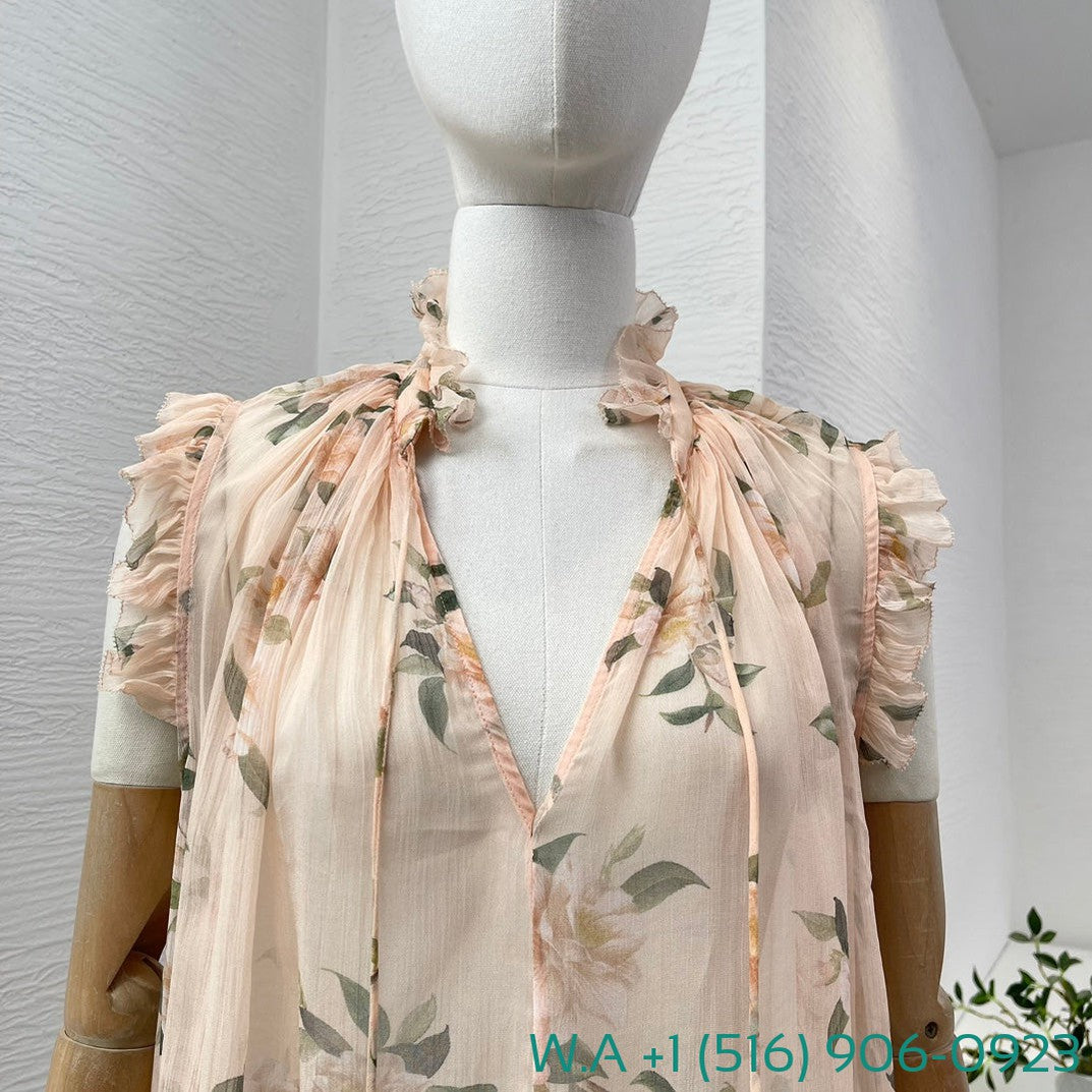 Zimmermann Beige Camellia Flowers Leaf Print Sleeveless Flouncing Ruffle V-Neck Blouse