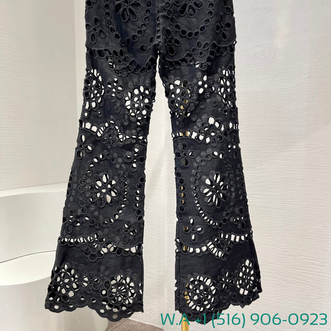 Zimmermann Black Hollow-Out Embroidery Long Pants