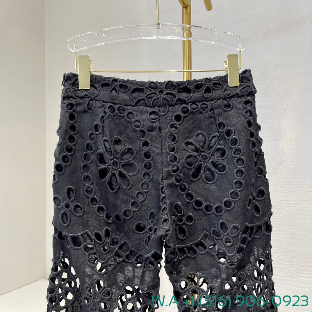 Zimmermann Black Hollow-Out Embroidery Long Pants