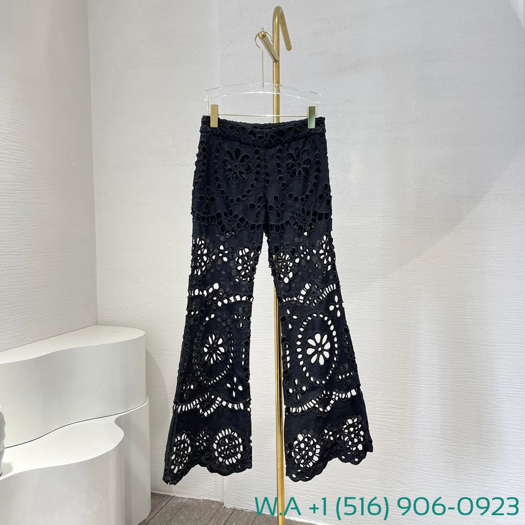 Zimmermann Black Hollow-Out Embroidery Long Pants