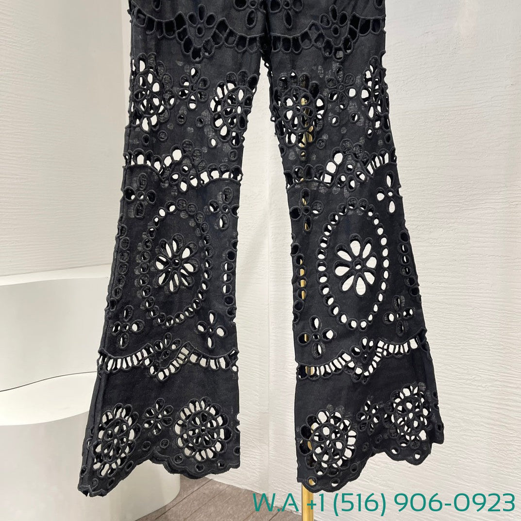 Zimmermann Black Hollow-Out Embroidery Long Pants