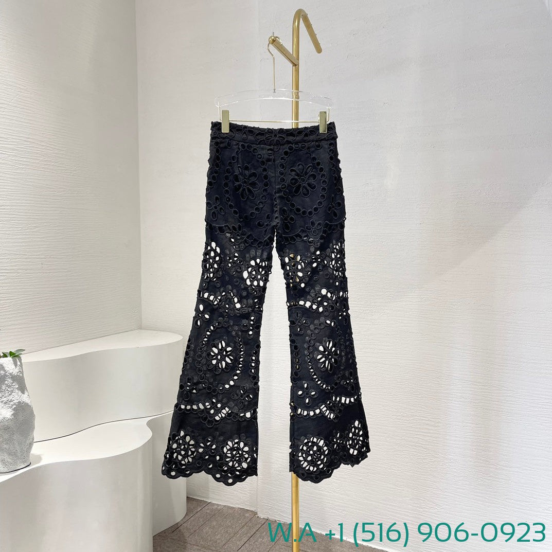 Zimmermann Black Hollow-Out Embroidery Long Pants