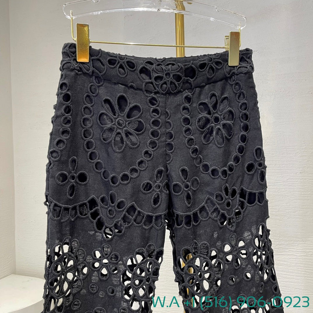 Zimmermann Black Hollow-Out Embroidery Long Pants
