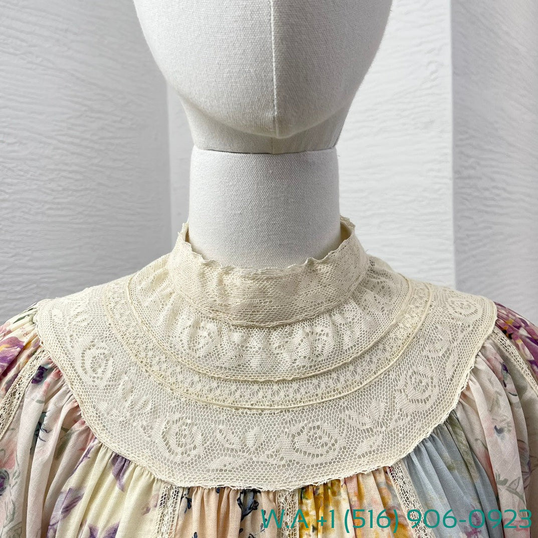 Zimmermann Beige Turtleneck Lace Patchwork Half Lantern Sleeve Mini Dress