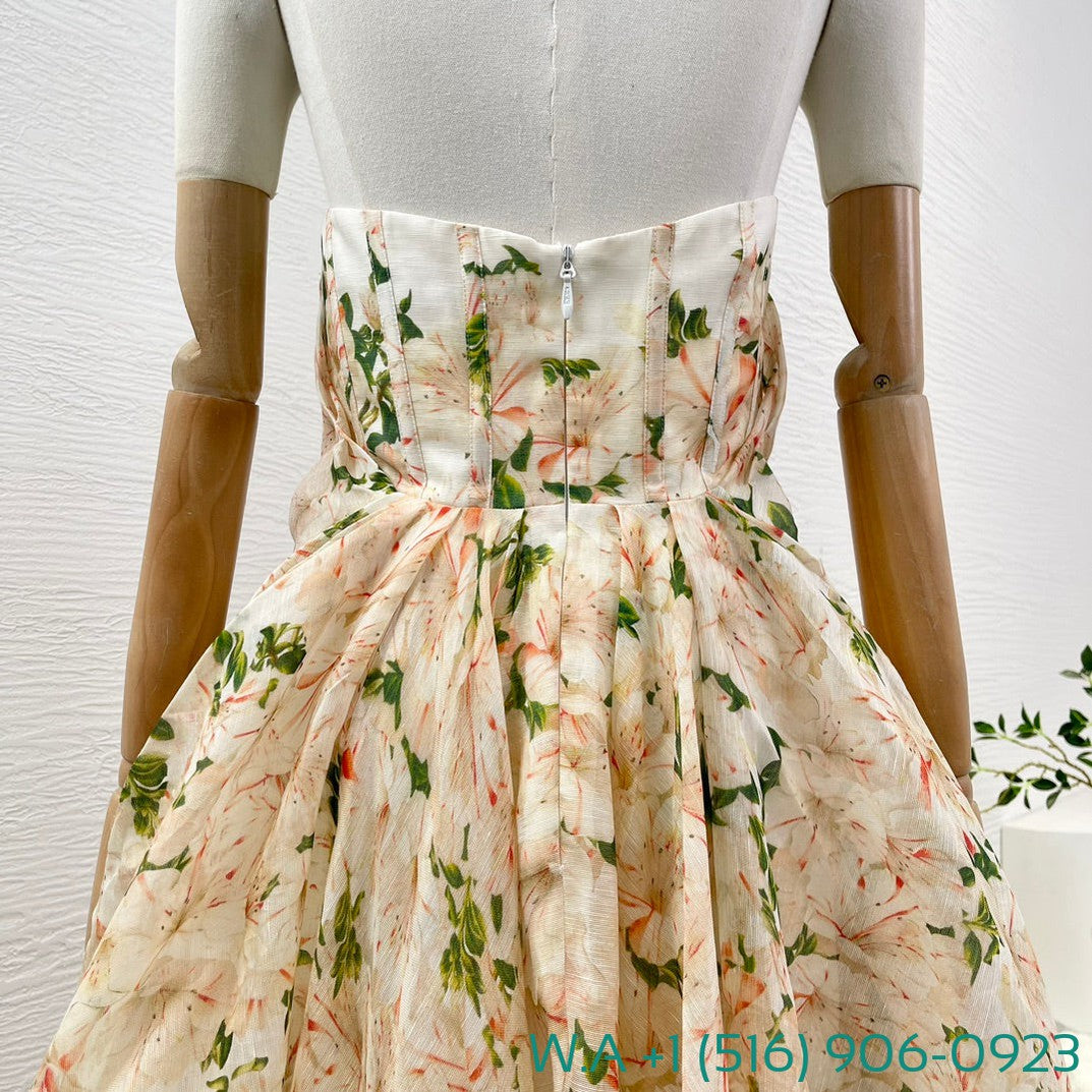 Zimmermann Coral Yellow Rhododendron Floral Print Sleeve Tube Top Asymmetrical Hem Maxi Dress