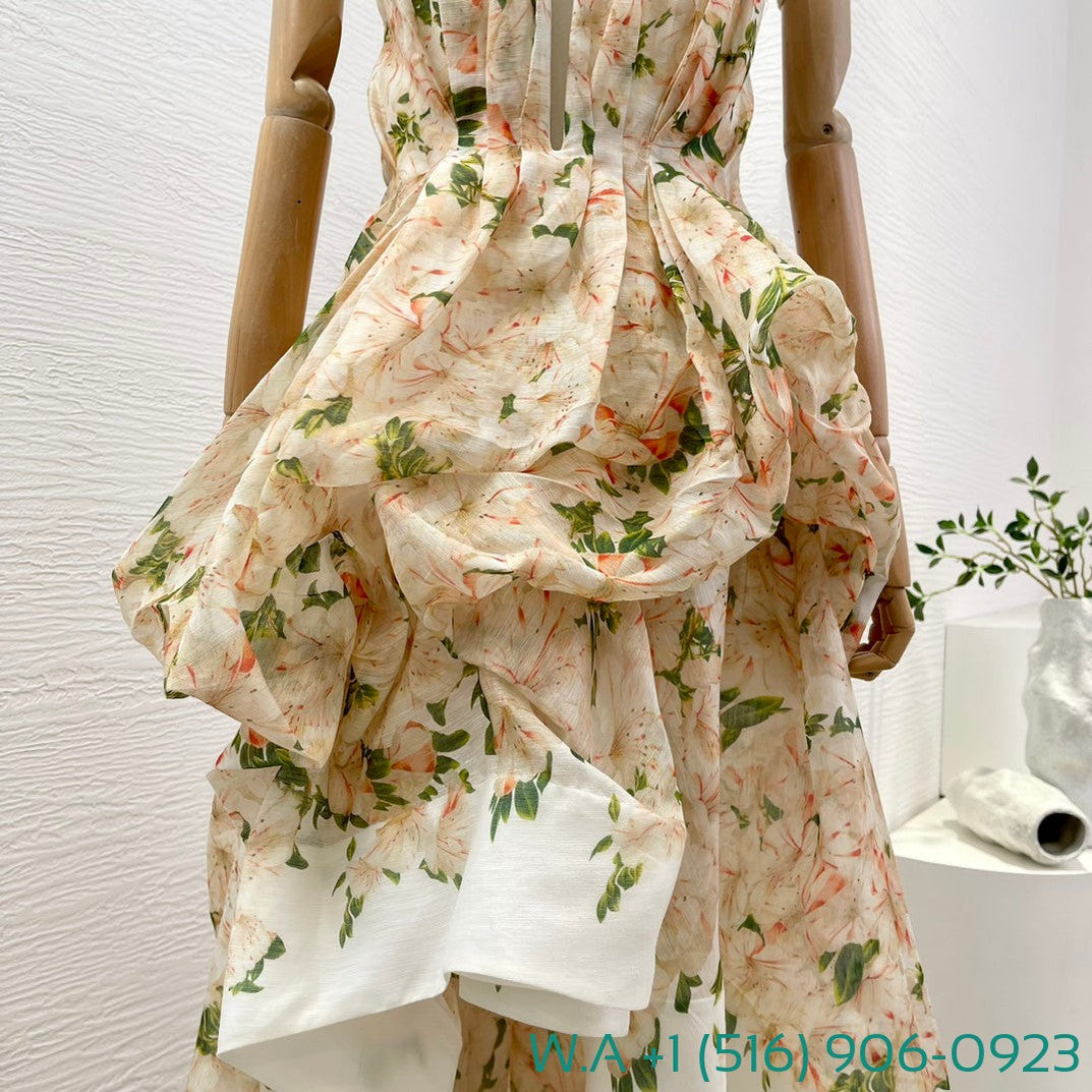Zimmermann Coral Yellow Rhododendron Floral Print Sleeve Tube Top Asymmetrical Hem Maxi Dress