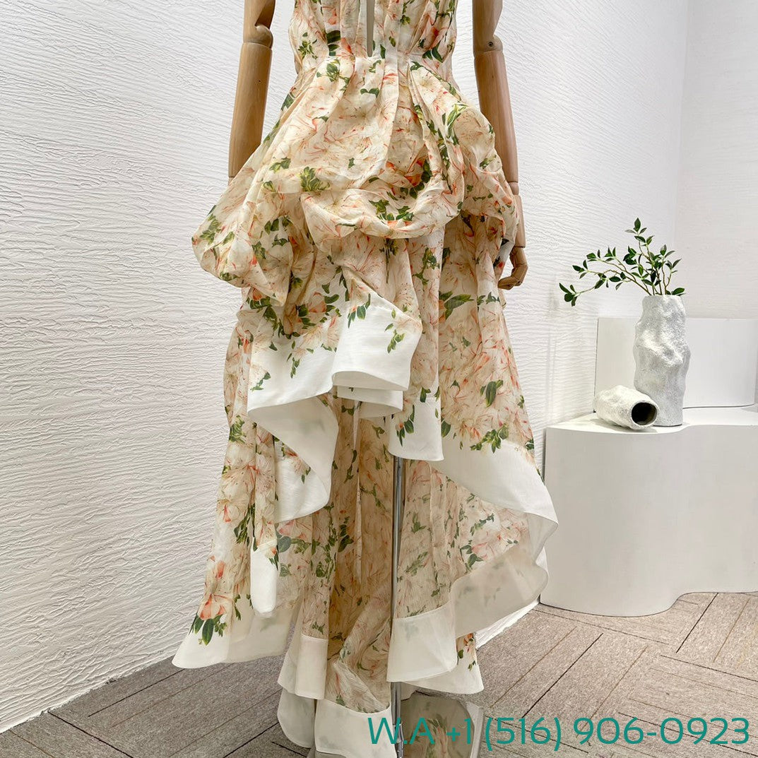 Zimmermann Coral Yellow Rhododendron Floral Print Sleeve Tube Top Asymmetrical Hem Maxi Dress
