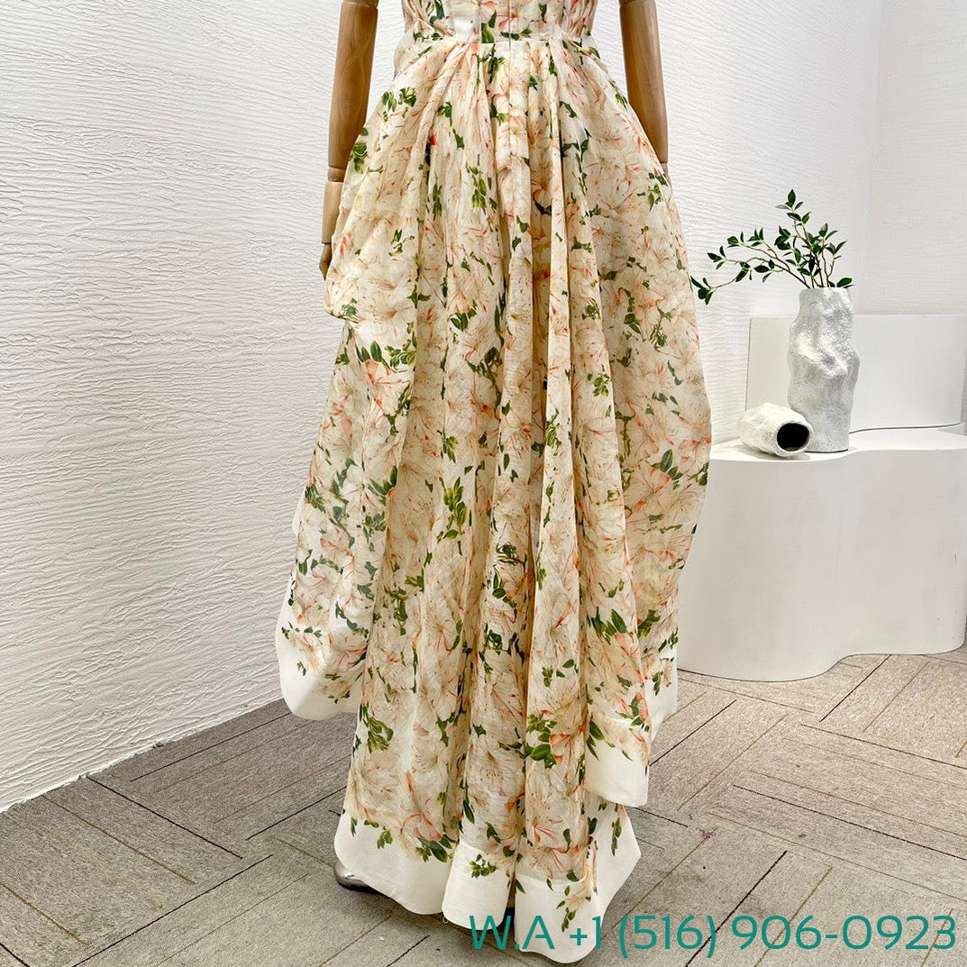Zimmermann Coral Yellow Rhododendron Floral Print Sleeve Tube Top Asymmetrical Hem Maxi Dress